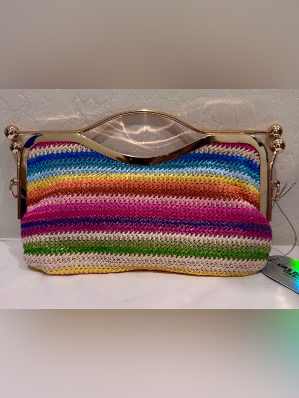 LIKE DREAMS Rainbow Straw Woven Frame Clutch & Crossbody Bag - New With Tags